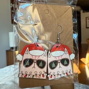 CAT NEW Whimsical Santa Hat Christmas Cat J Hook Drop Earrings Red White Gift